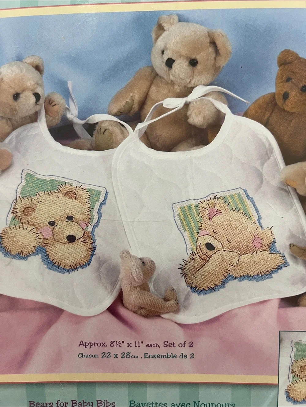 Vintage Baby Bib Bears Cross Stitch Kit makes 2 new in packaging